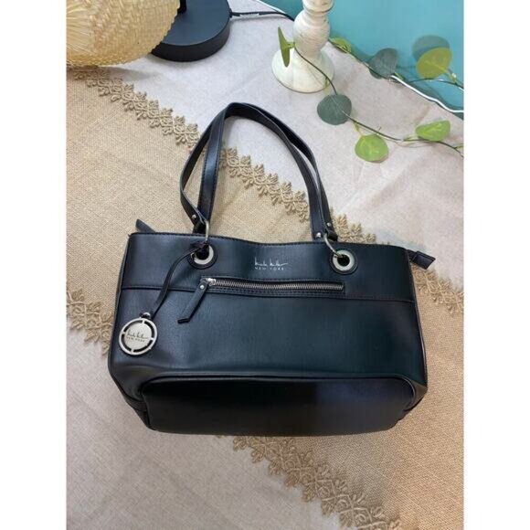 Nicole Miller New York Black W/ Silver Logo Zipper Pockets Top Handles Handbag - Picture 6 of 12